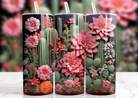 3D Floral Cactus Tumbler Wrap Design