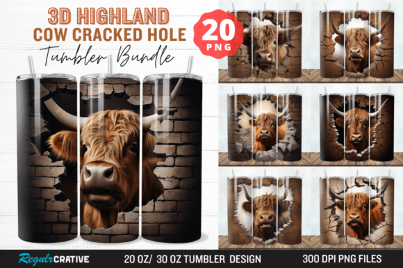 3D Highland Cow Cracked Hole Tumbler: Elevating Sublimation Projects with High-Resolution Digital Art